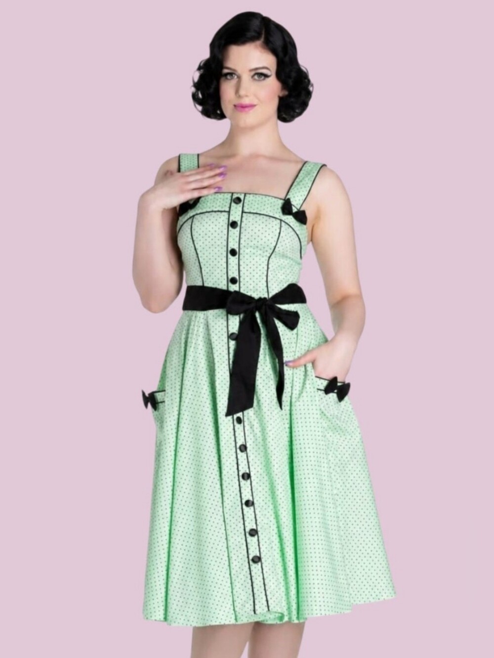 NWT Hell Bunny Martie 50s Swing Dress Mint Green Black Polka Dot Rockabilly